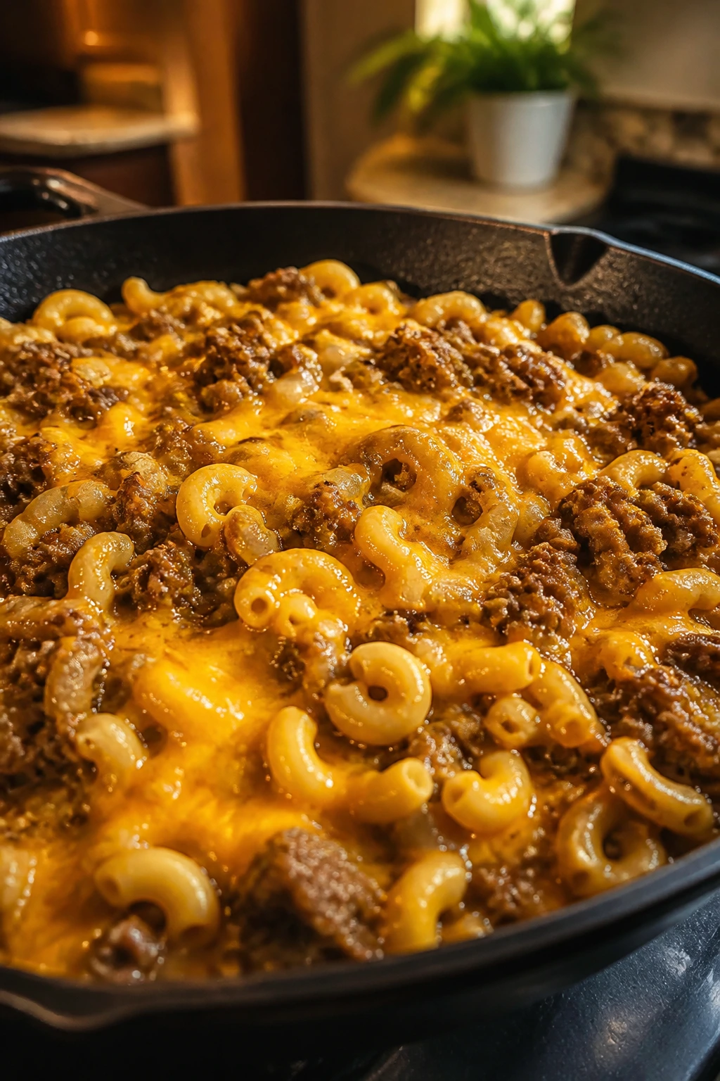 Sizzling one-pan cheeseburger skillet with beef, onions, pasta, and cheddar.