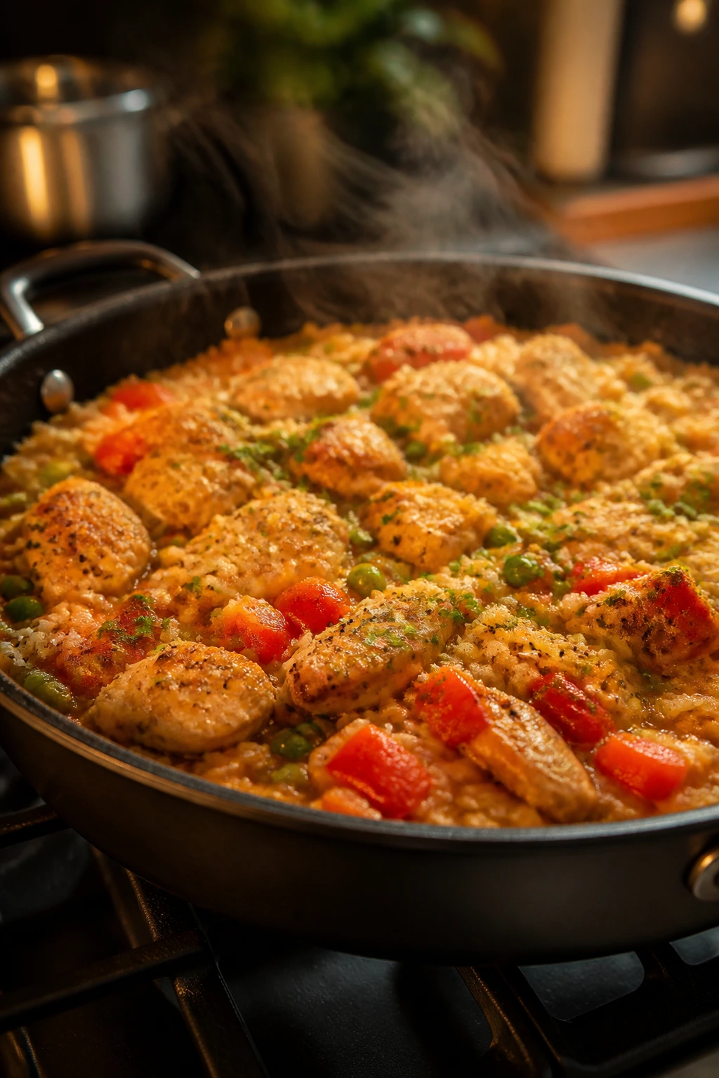 Large skillet with saucy chicken, rice, and vegetables on a stove