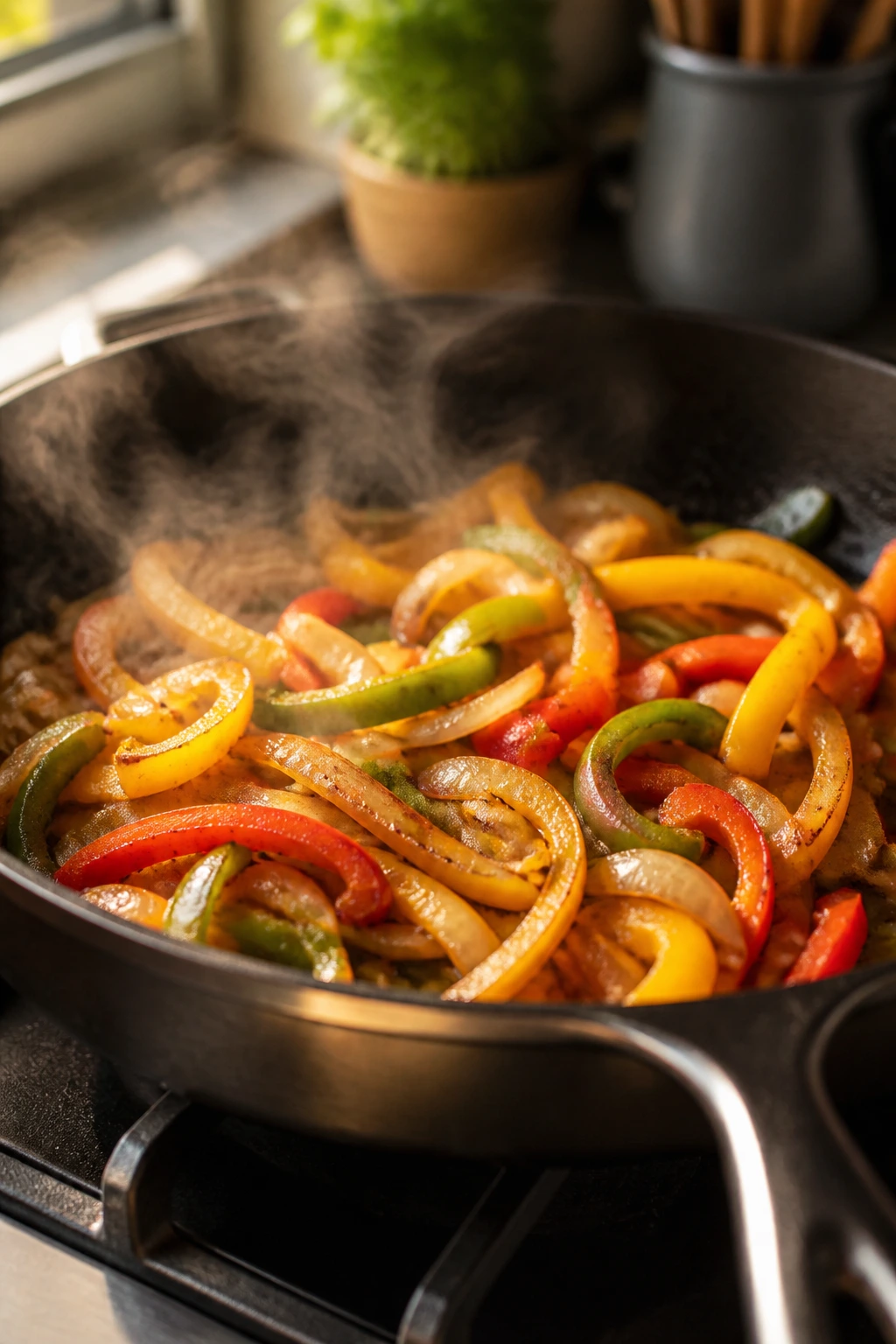 Close-up of a skillet with onions and peppers simmering on a stove