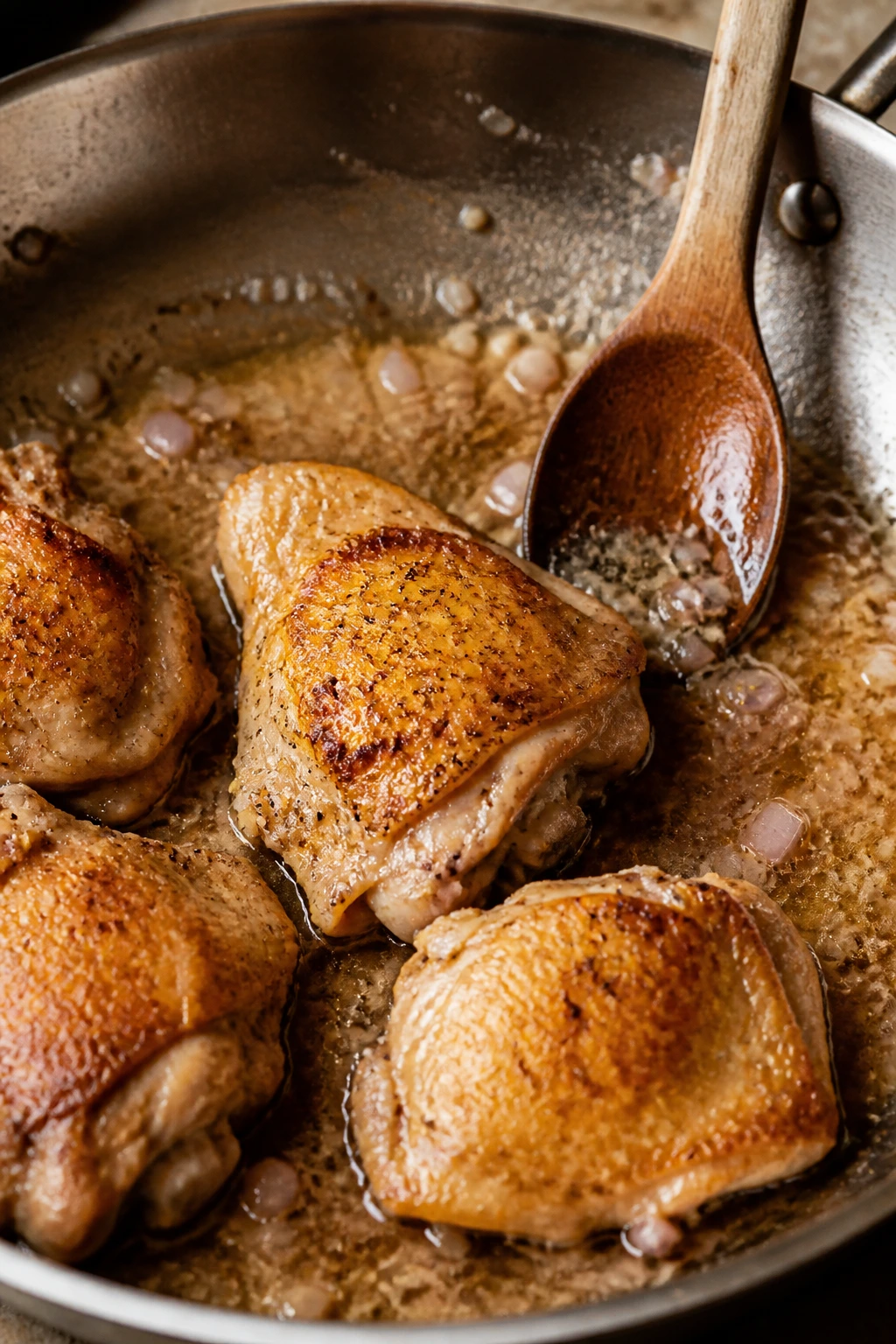 Pan with chicken browning and garlic sauce in progress