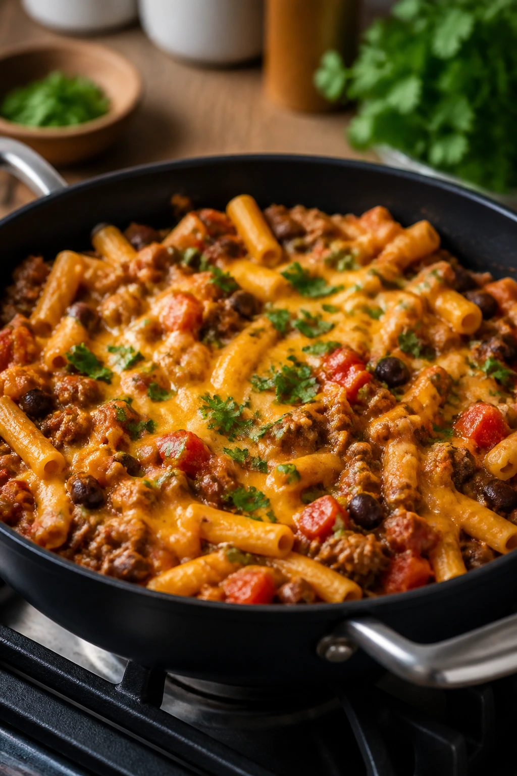 Skillet taco pasta in a pan on a stove in a cozy kitchen