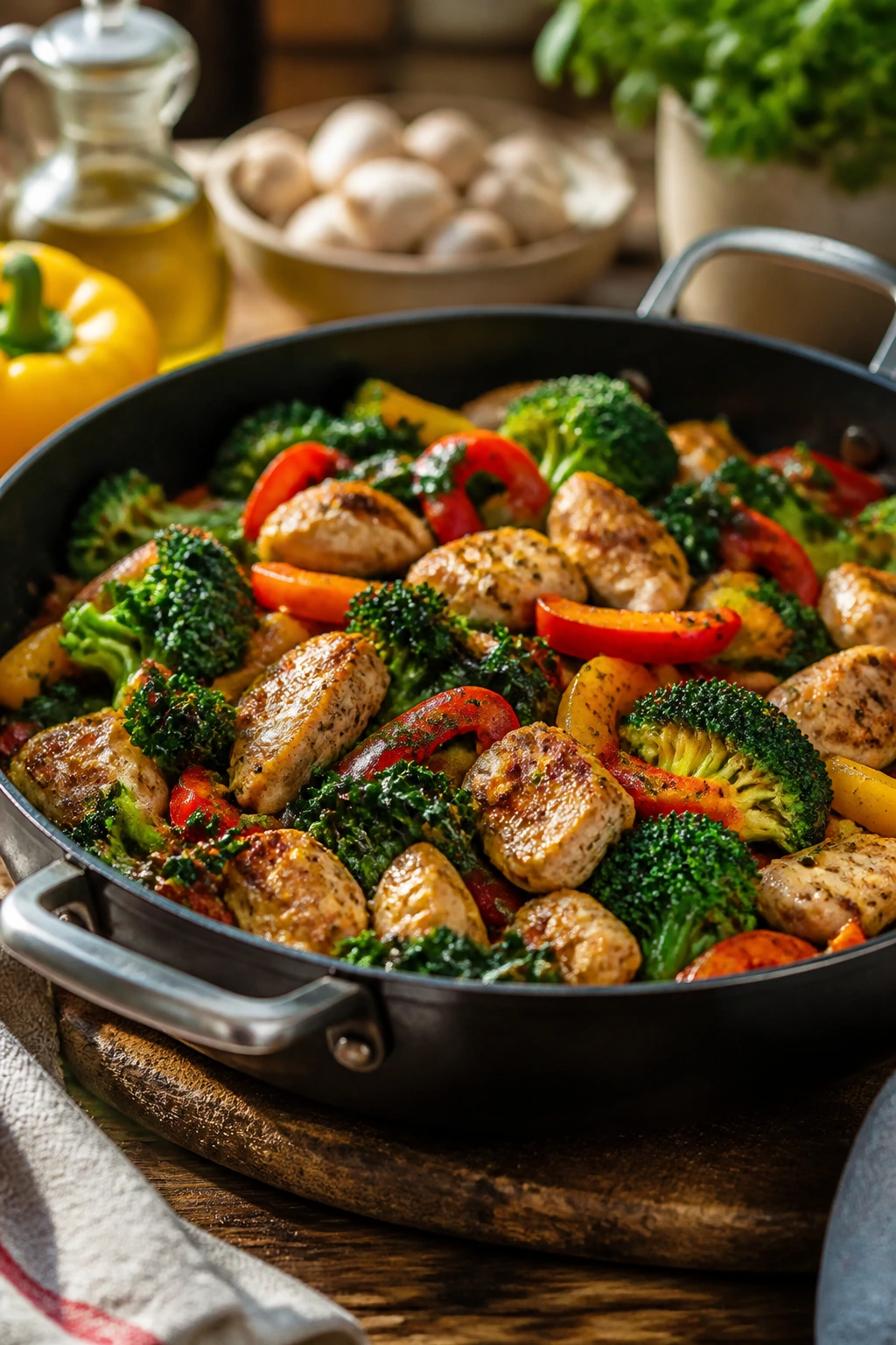 One-pan weeknight dinner with vegetables and lean protein on a kitchen counter