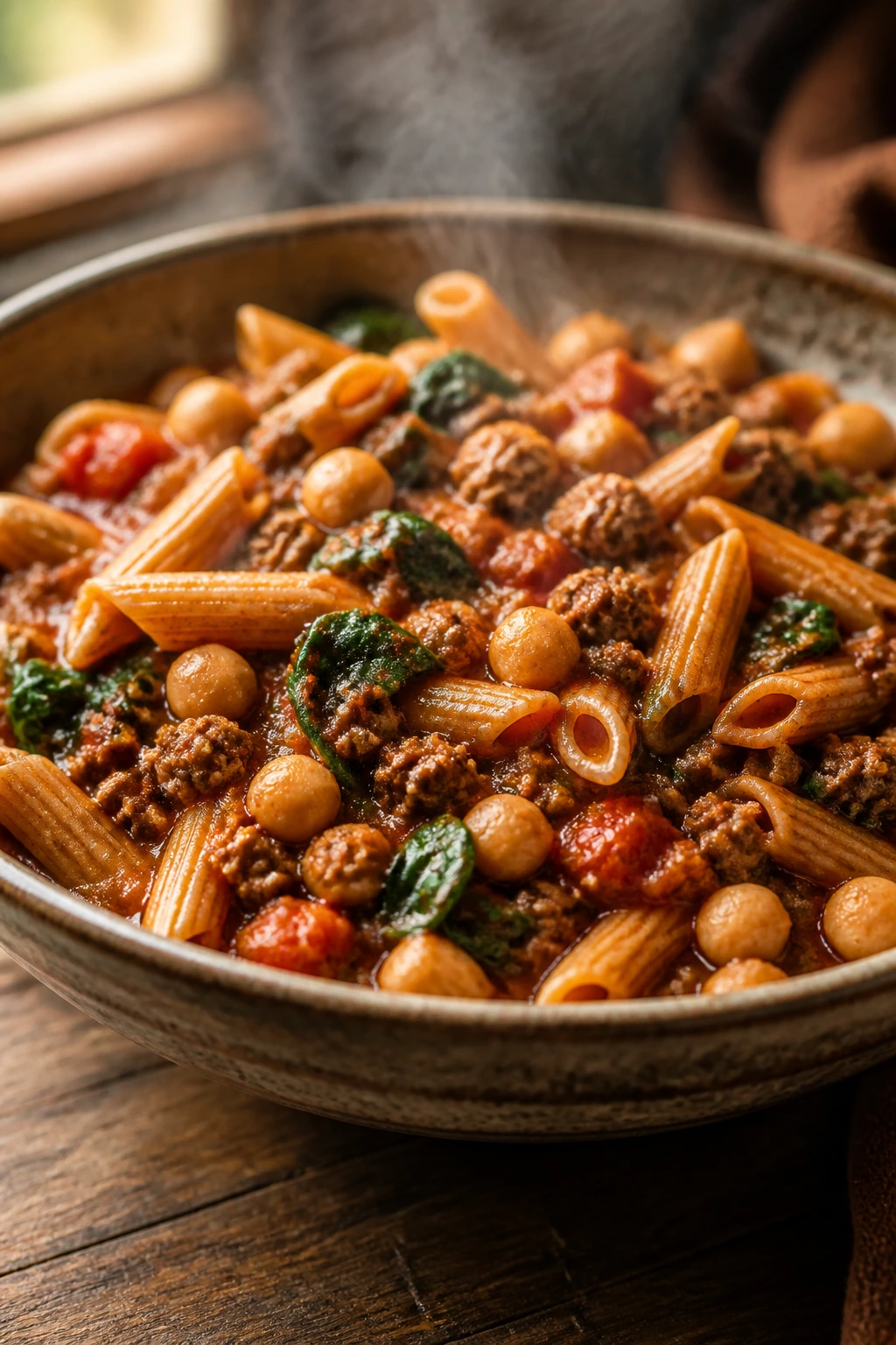 Close-up of one-pot beef pasta with chickpeas and spinach