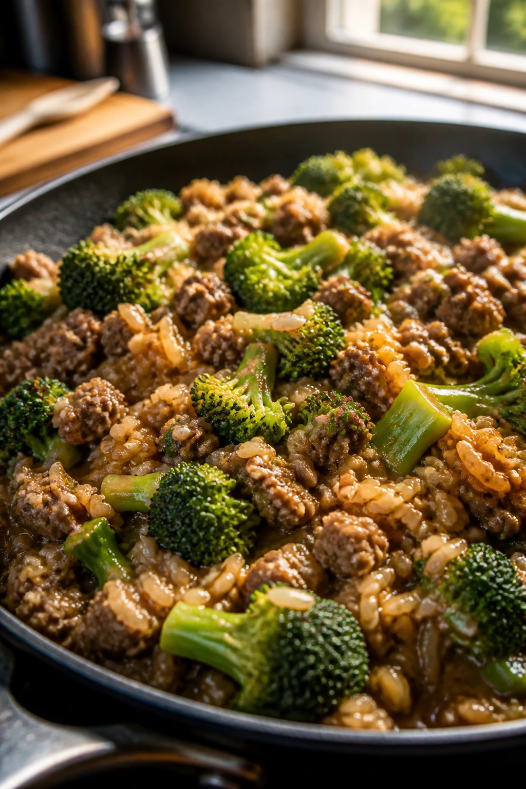 Close-up of beef broccoli rice skillet dish in a warm kitchen