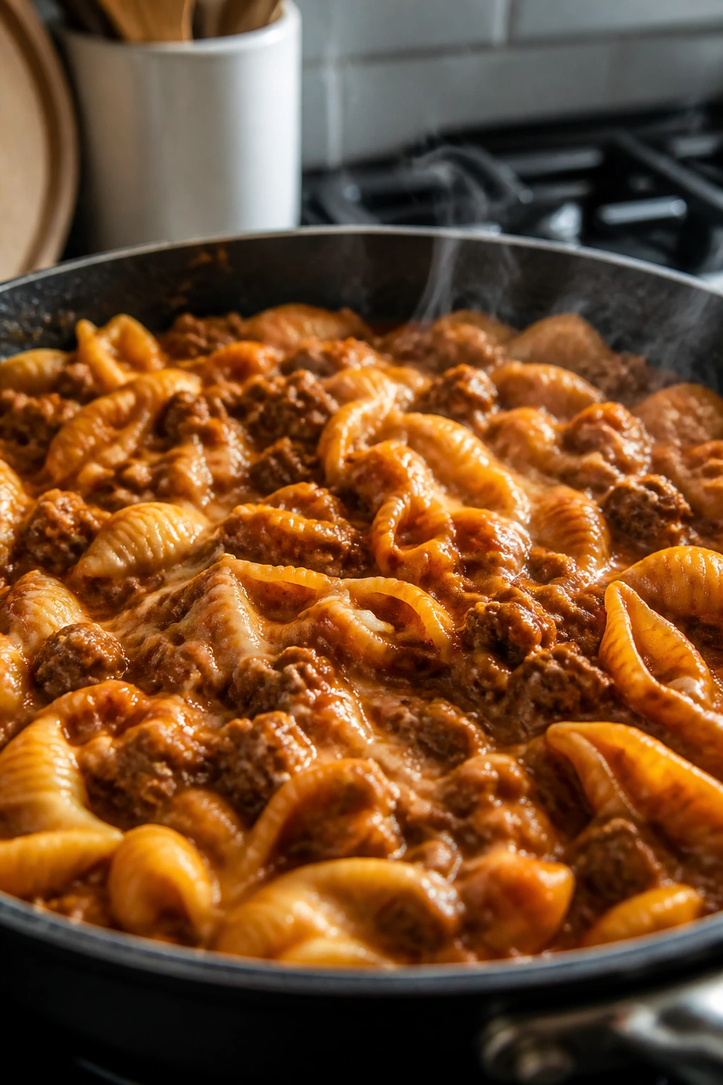 One-pot beef and shells in a skillet