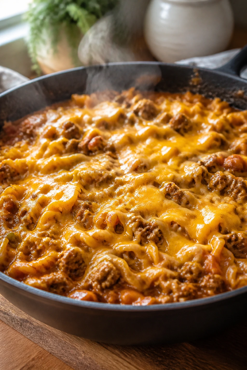 Beef taco pasta in a deep skillet with melted cheese