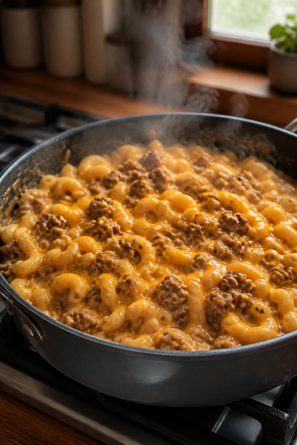 Creamy one-pot cheeseburger mac in a skillet with beef and cheese