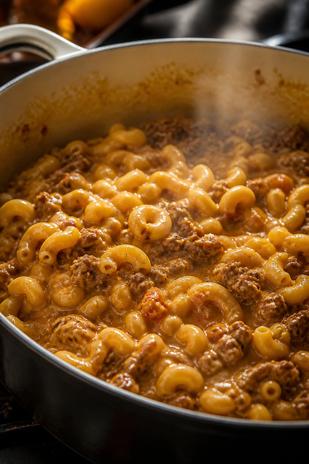 Creamy cheeseburger macaroni in a pot with cheddar