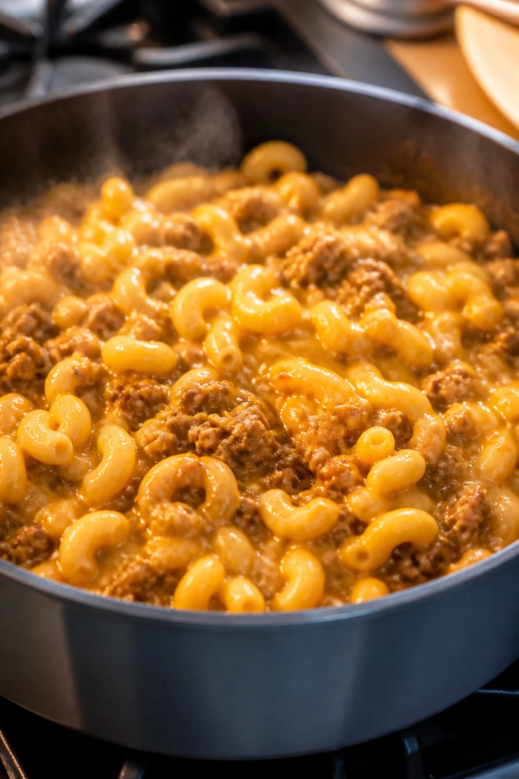 One-pot cheeseburger pasta bubbling in a pot on the stove
