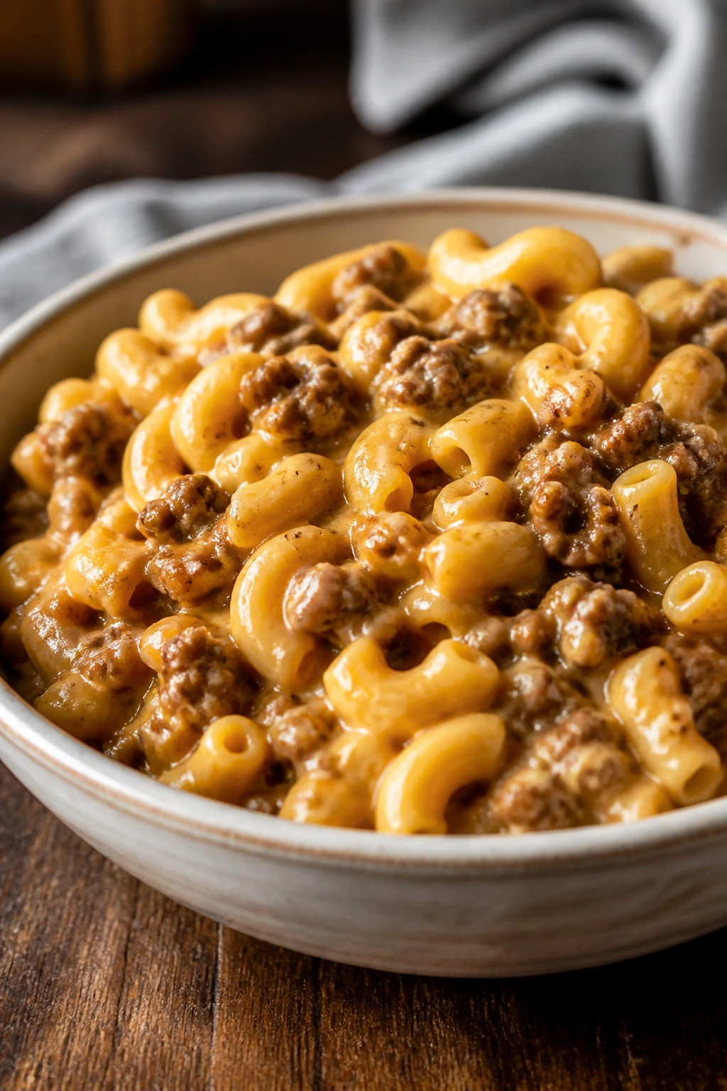 Close-up of one-pot cheeseburger pasta in a bowl with beef, macaroni, and cheddar sauce