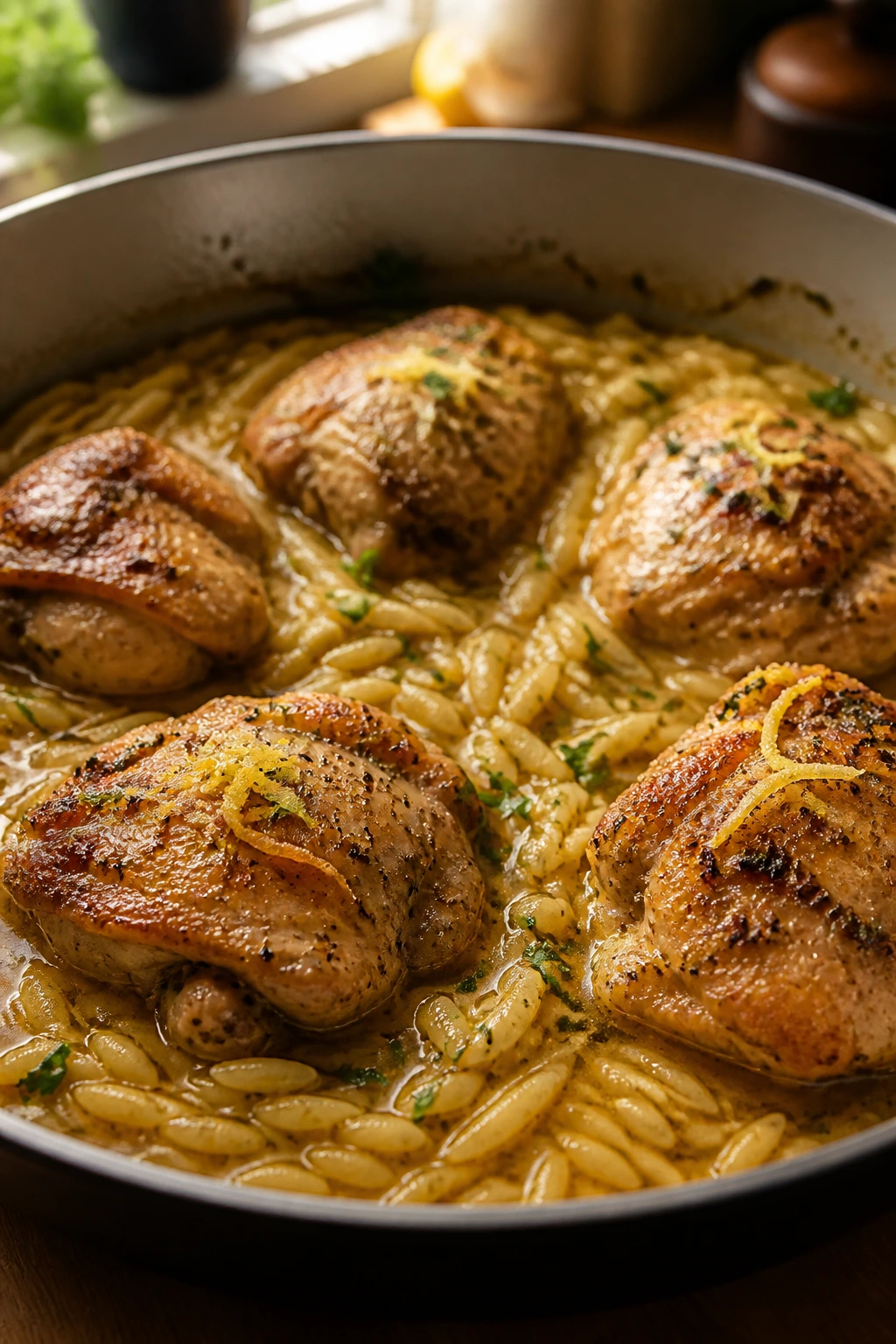 Close-up of juicy chicken thighs browning with orzo in a one-pot skillet