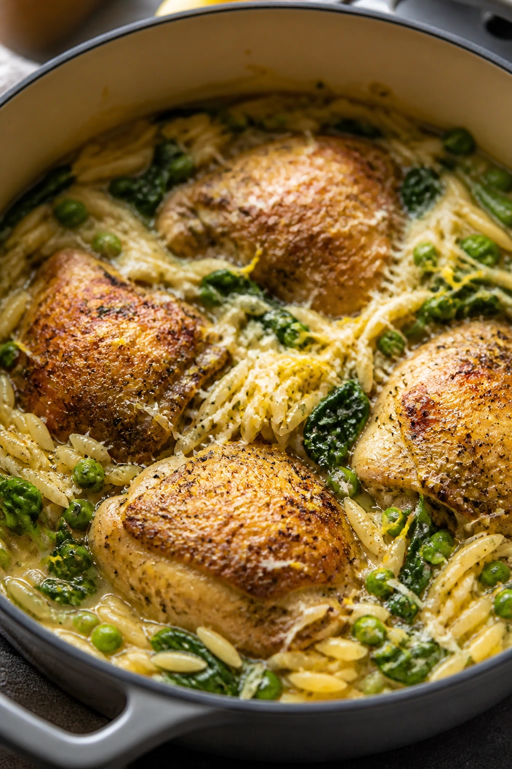 One-pot chicken orzo dish in a skillet with greens and parmesan