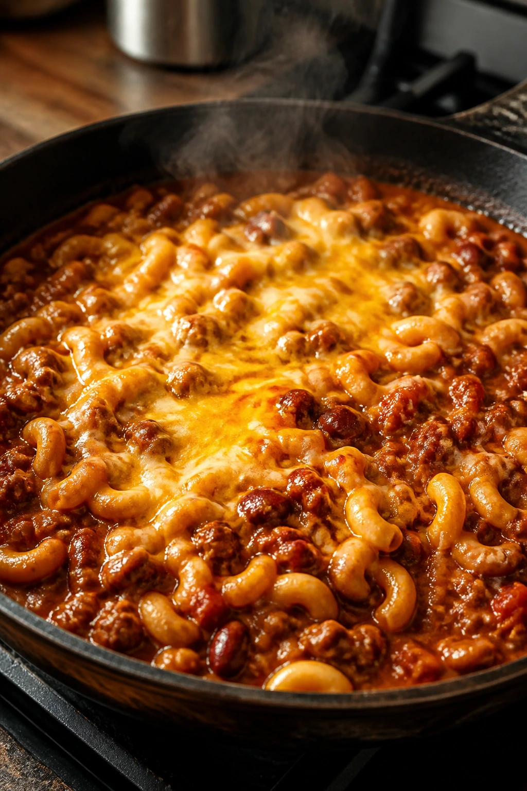 Steamy one-pot chili mac in a deep skillet on a cozy kitchen counter