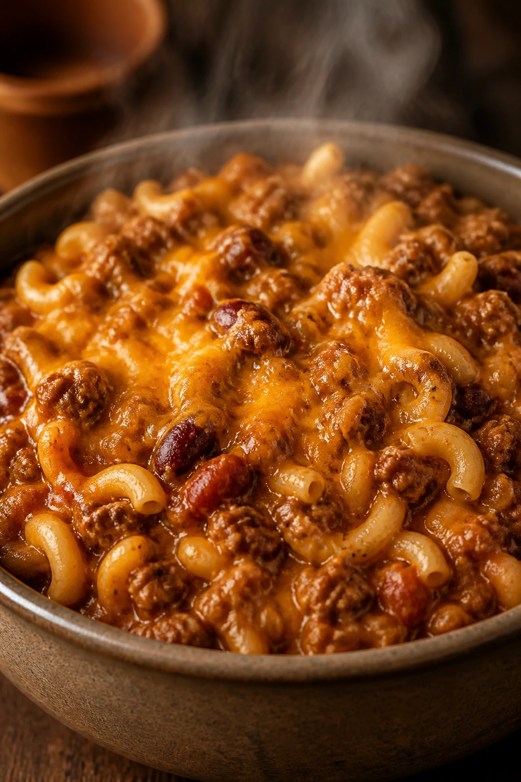 Thick turkey chili mac in a rustic bowl with cheddar cheese