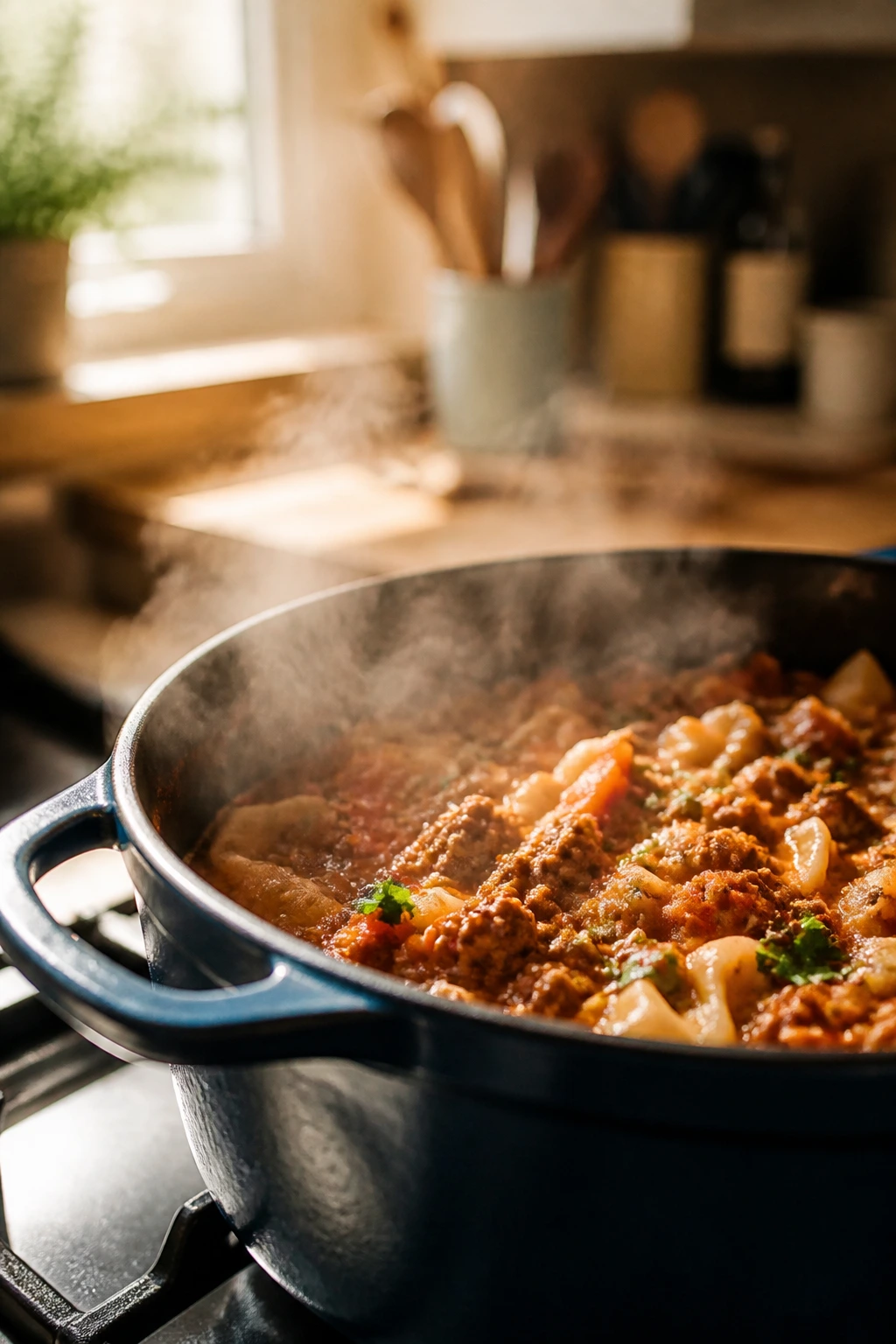 Close-up of a steaming pot on a warm kitchen stove suggesting one-pot family meals