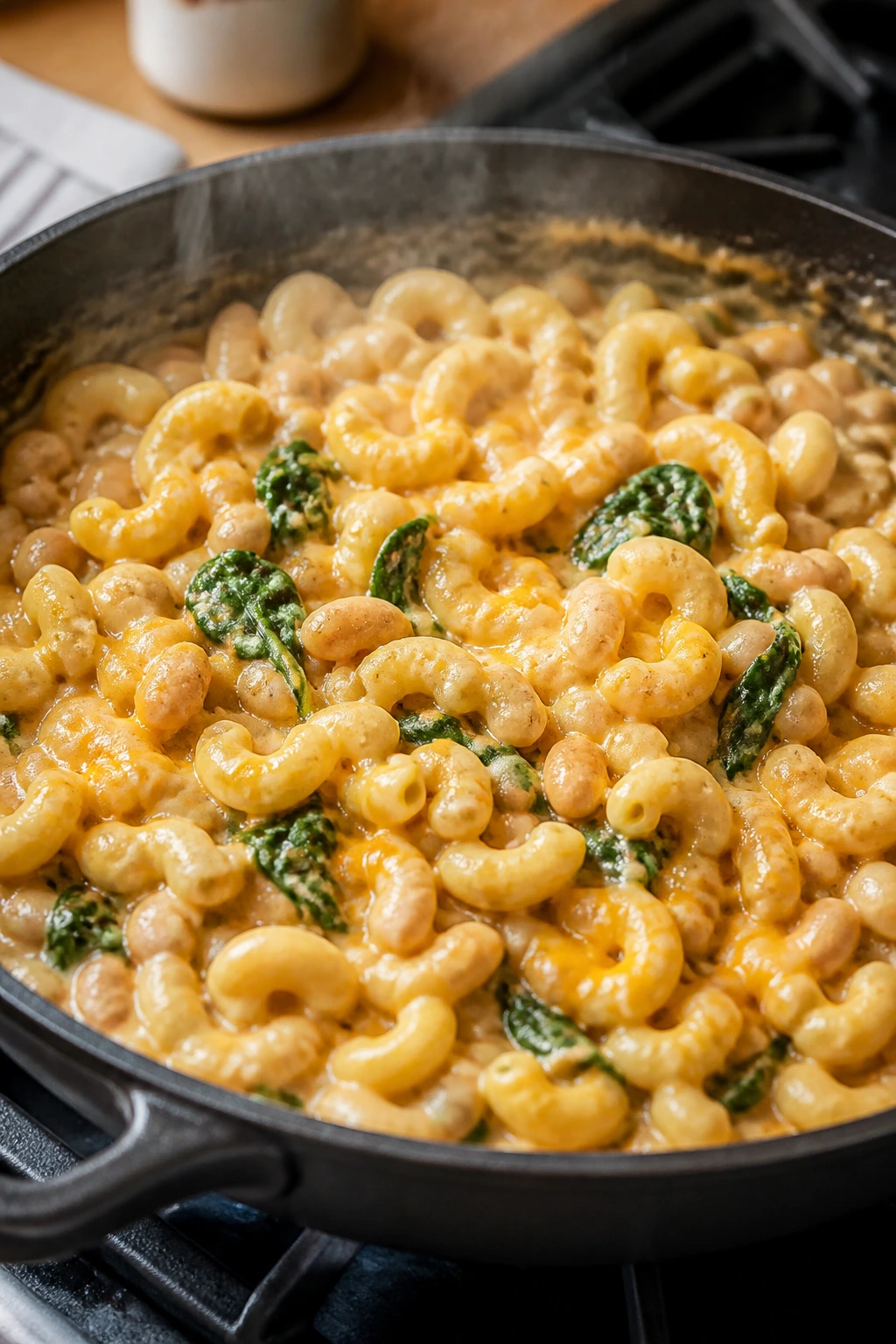 Deep skillet with creamy macaroni and white beans, spinach, and cheddar