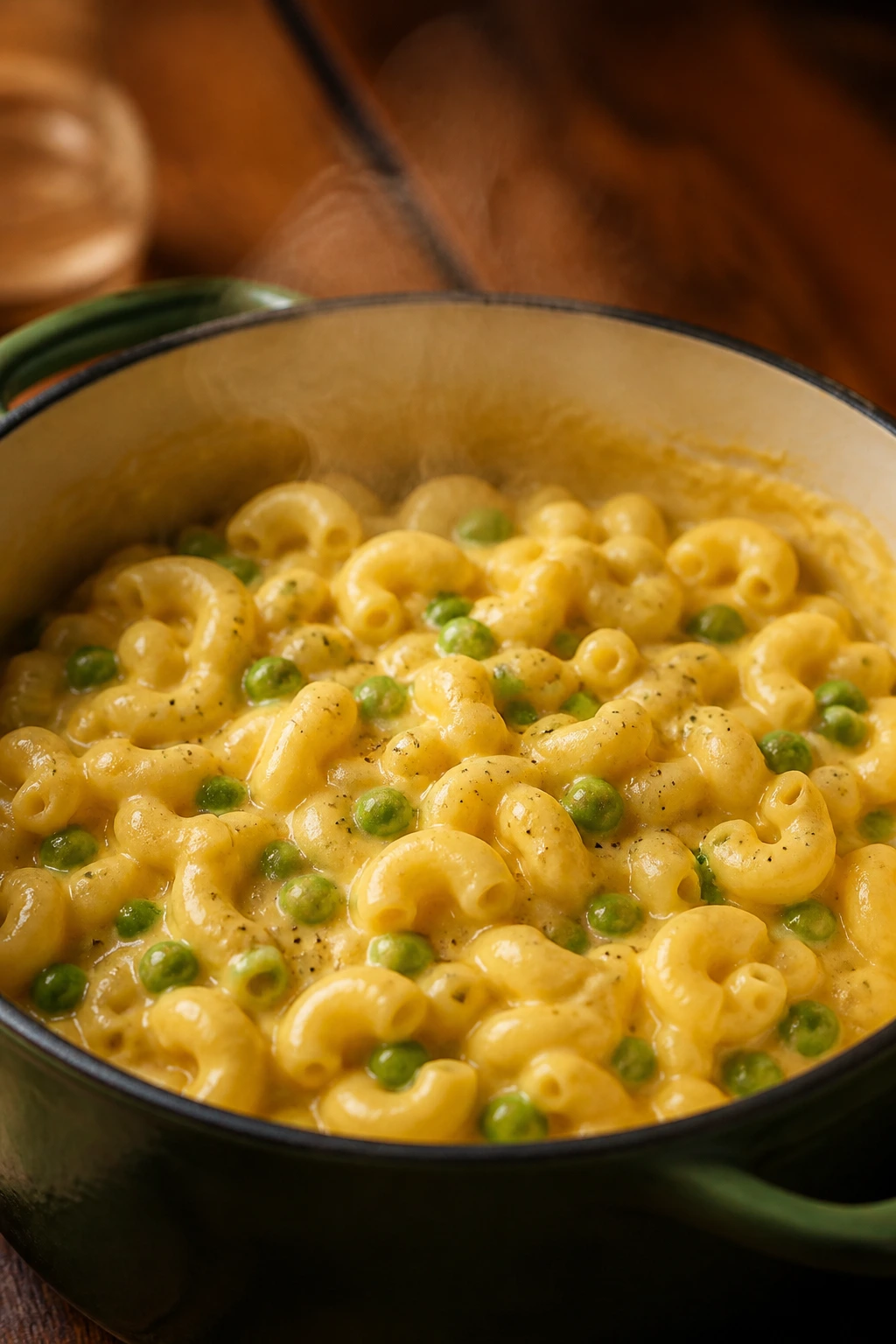 Creamy mac and cheese with peas in a pot