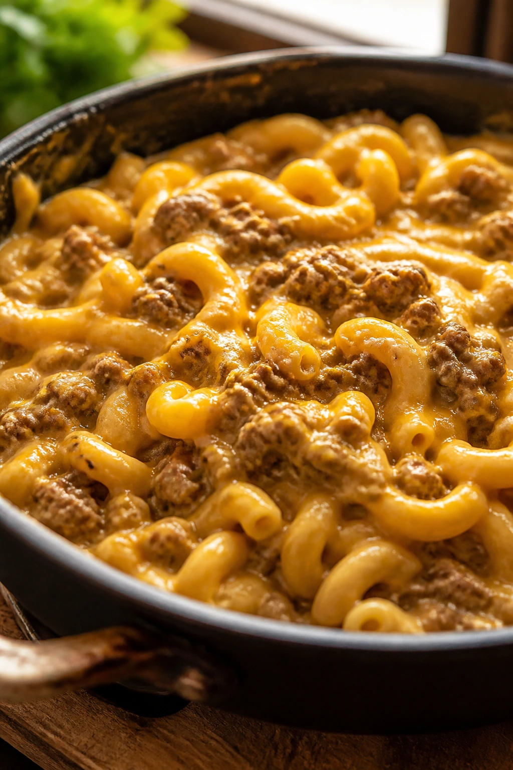 Close-up of creamy cheeseburger pasta in a rustic skillet
