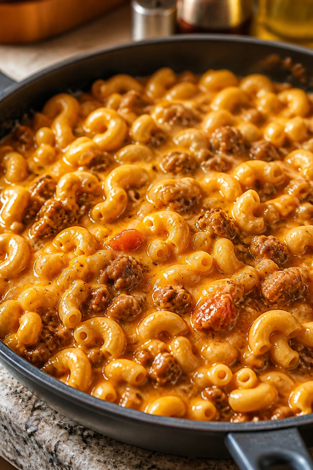 Close-up of creamy One-Pot Cheeseburger Pasta in a deep skillet.