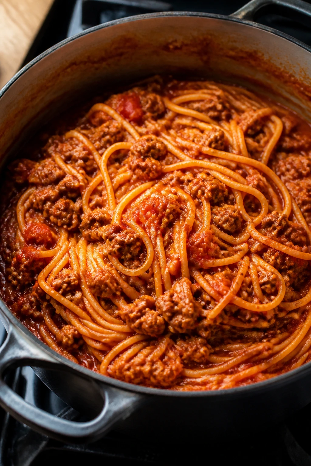 Tomato sauce clinging to spaghetti in a pot on a stove