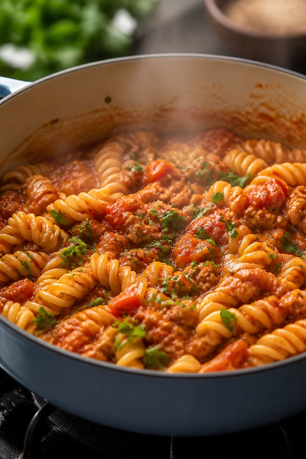 One-pot turkey pasta with tomato sauce in a stove pot