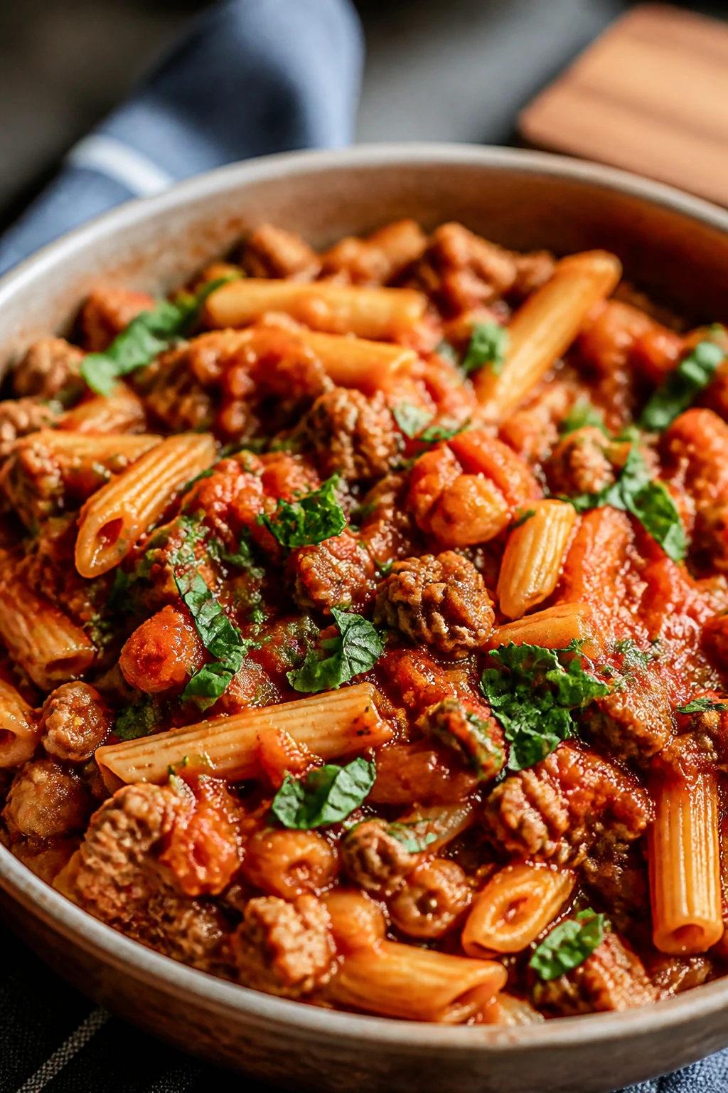 One-pot turkey pasta with crushed tomatoes and basil in a rustic bowl