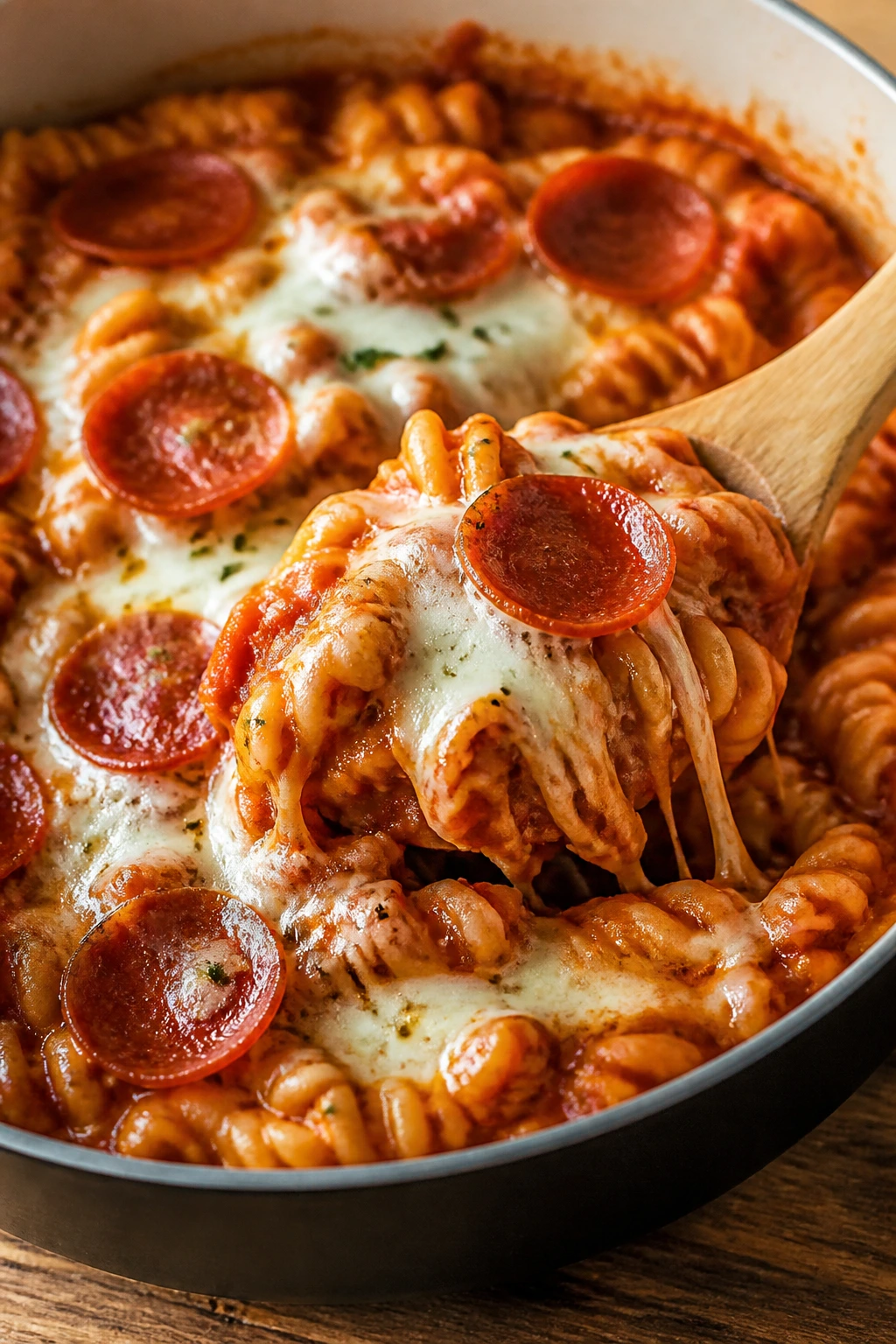 Pizza pasta with pepperoni and mozzarella in a pot