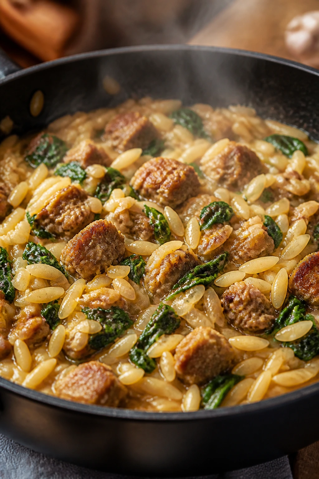 Close-up of a skillet with sausage, orzo, and spinach in a creamy sauce