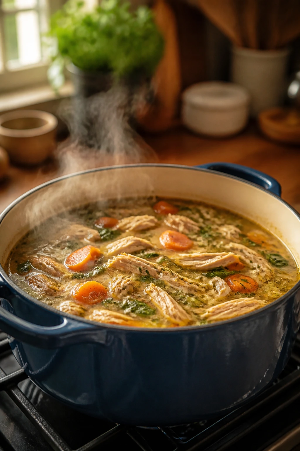 Steaming Dutch oven with soup on stove in cozy kitchen