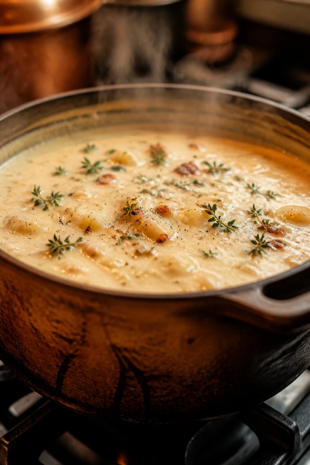 Rustic pot of creamy soup on a stove with warm lighting