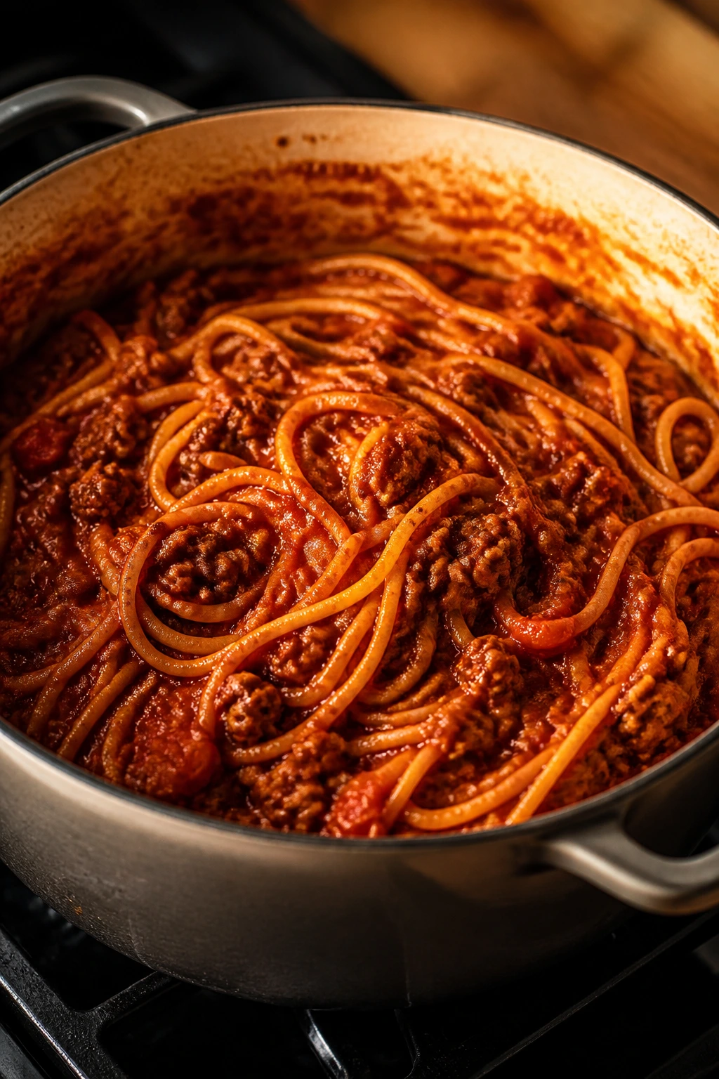 Close-up of one-pot beef spaghetti in a pot with rich sauce