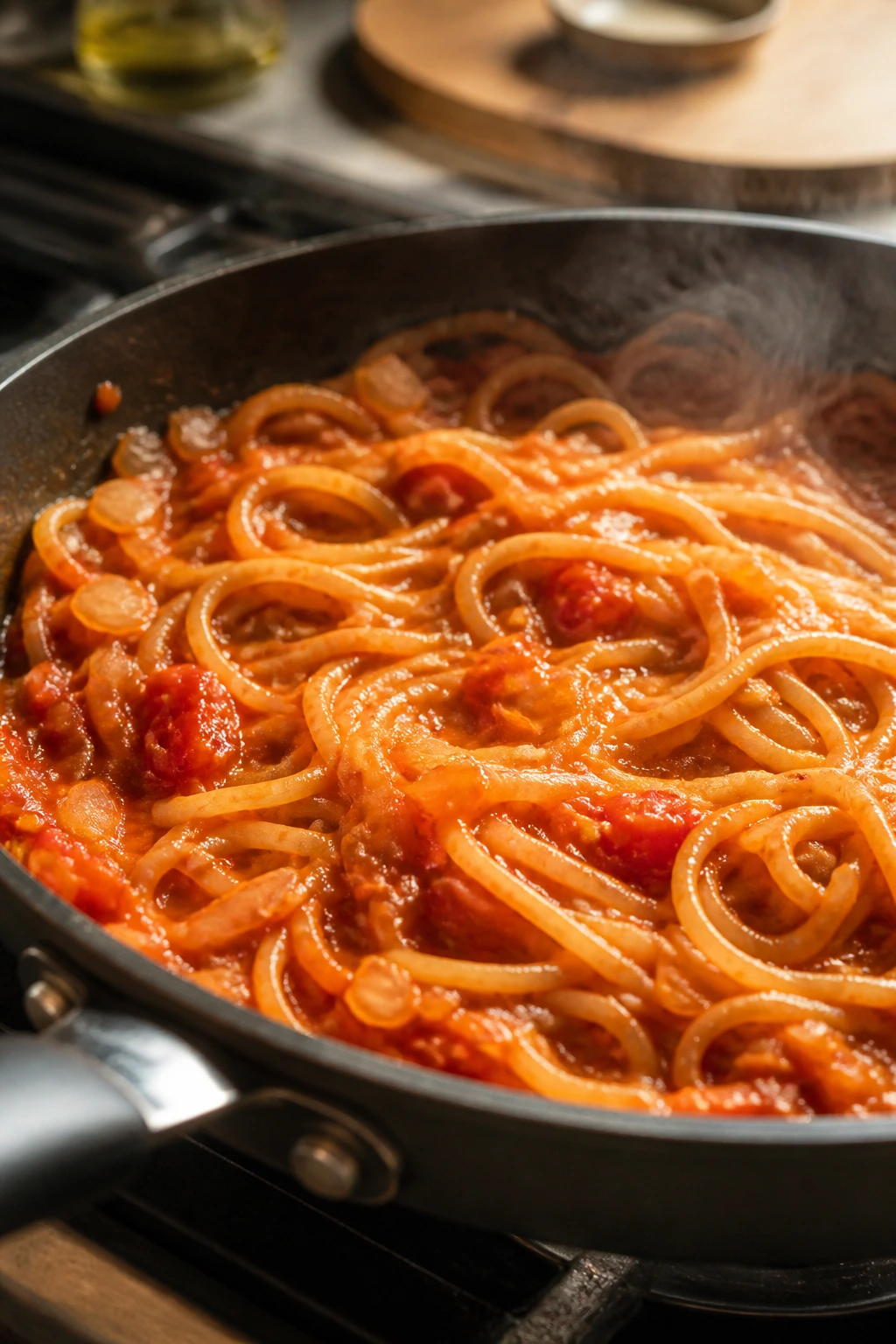 Close-up of one-pot spaghetti cooking in tomato-butter sauce.