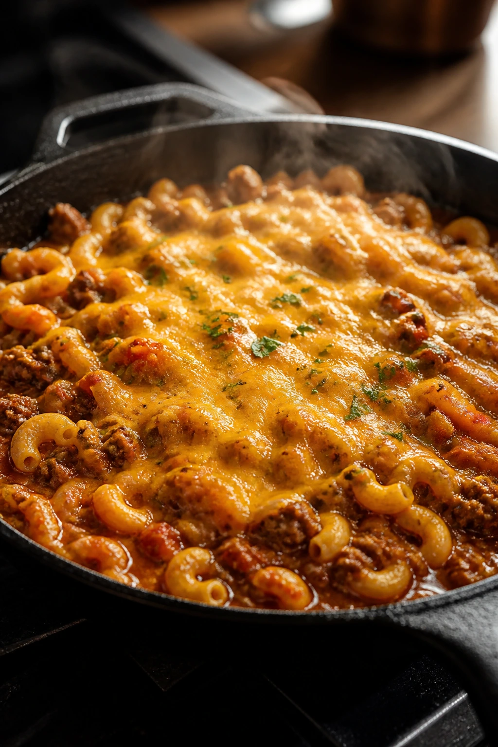 Close-up of one-pot taco mac in a cast-iron skillet with beef, cheese, and pasta