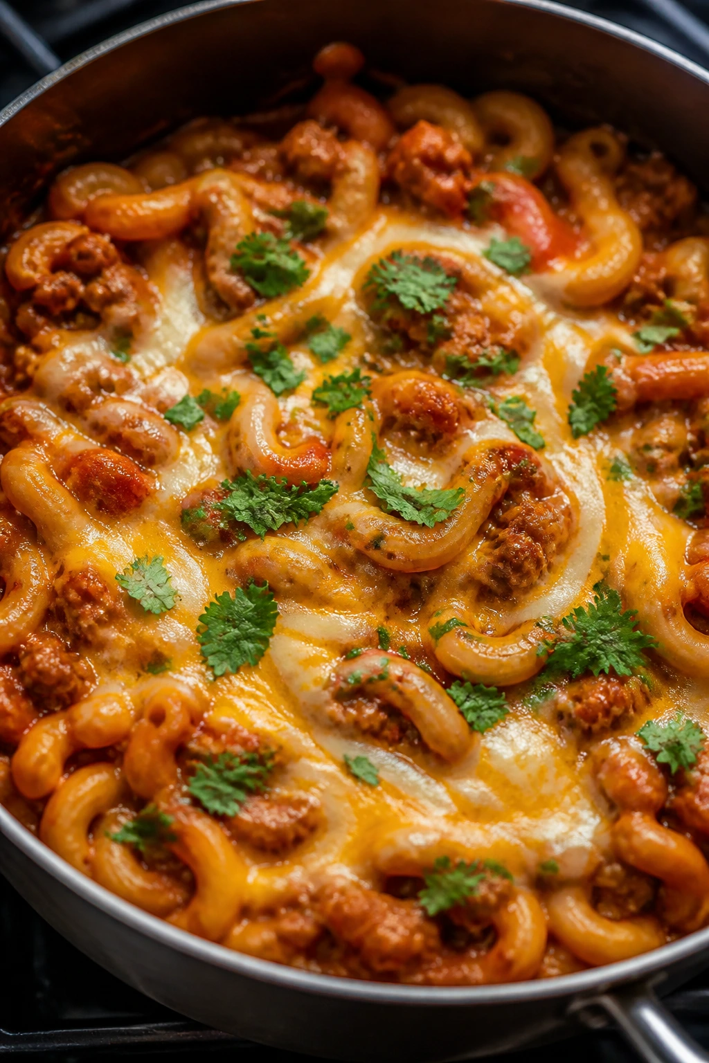 Close-up of one-pot taco pasta with cheese melting on top.