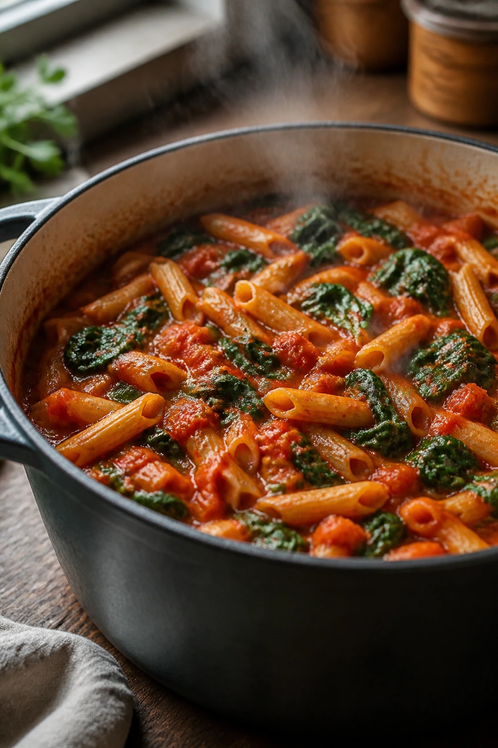 Pot with tomato spinach pasta steaming in a kitchen