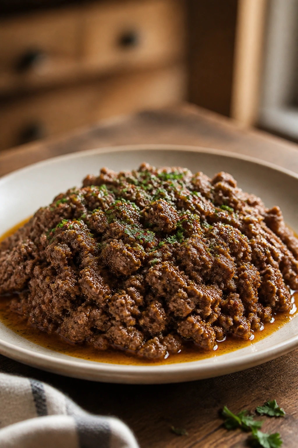Plate with a mound of cooked ground beef and sauce