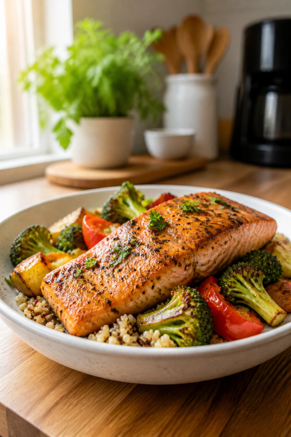 Close-up of a single-serving protein-packed meal on a plate in a cozy kitchen