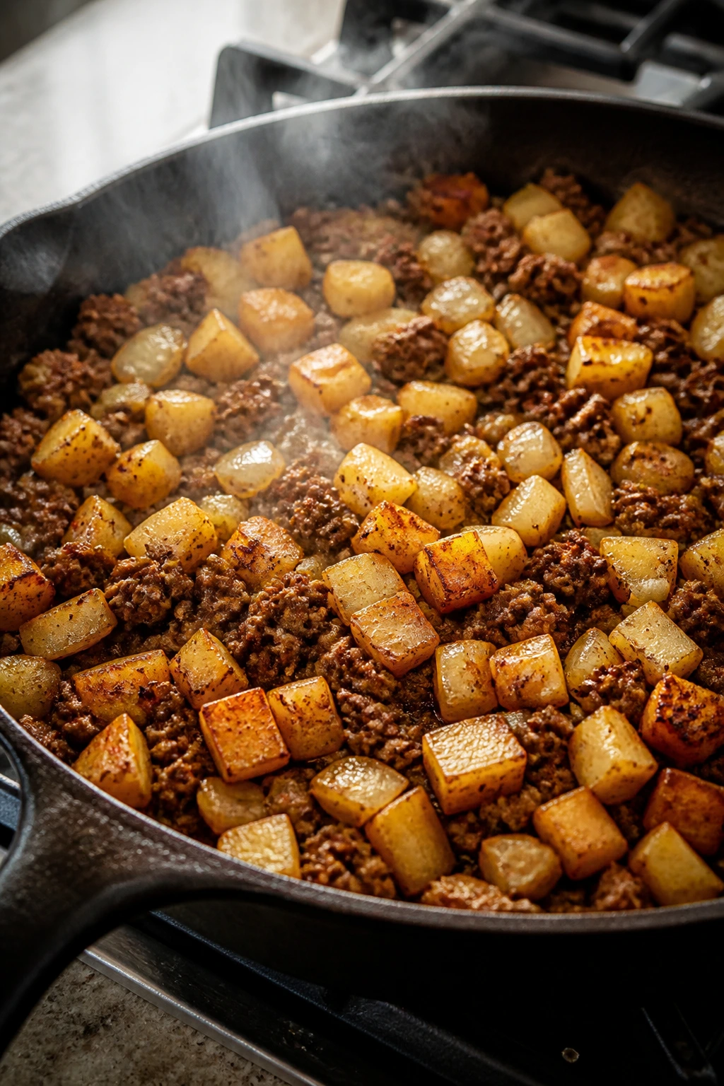 Skillet with beef, potatoes, and onions in a complete one-pan dinner