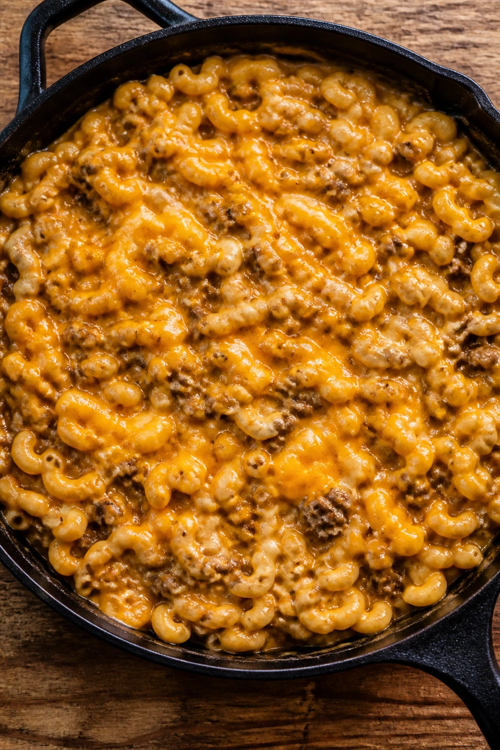 Skillet of cheeseburger macaroni with melted cheddar in a home kitchen.