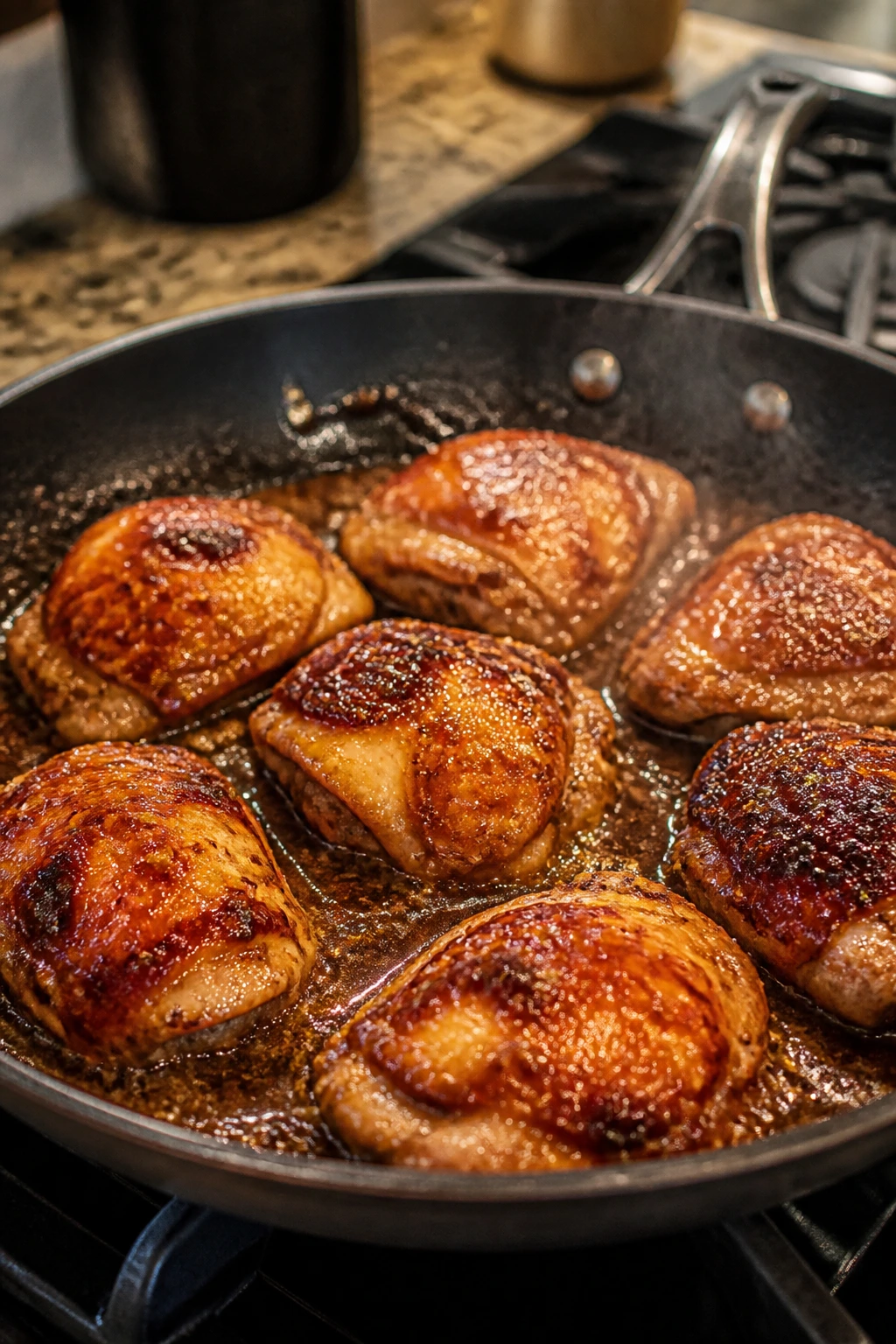 Chicken browning in a single skillet with glaze forming