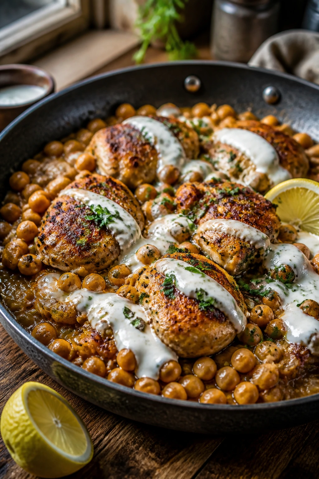 Close-up of a one-skillet chicken and chickpeas with yogurt drizzle on a warm kitchen counter