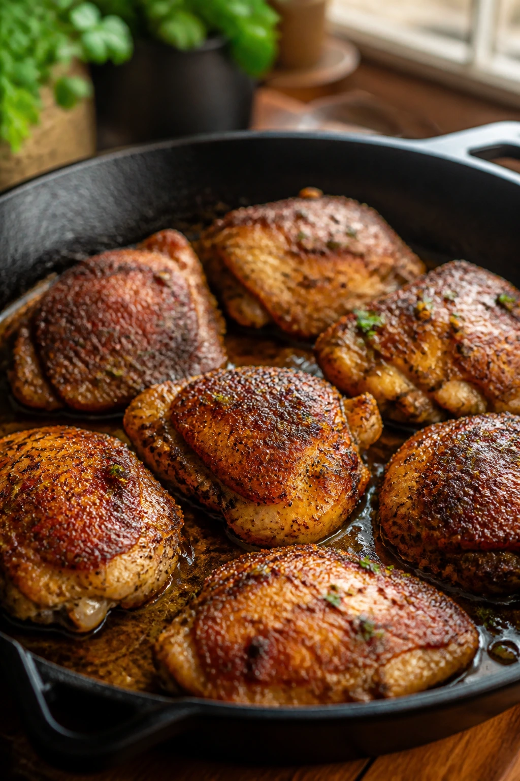 Skillet with multiple browned chicken thighs and glossy sauce