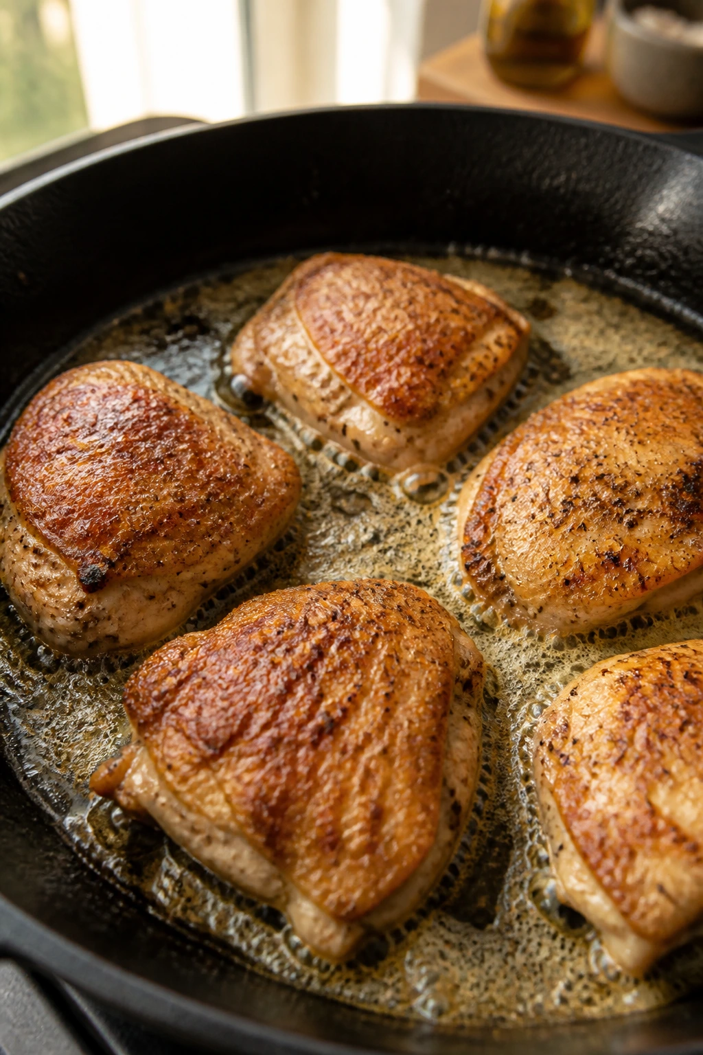 Close-up of chicken searing in a skillet with butter and oil