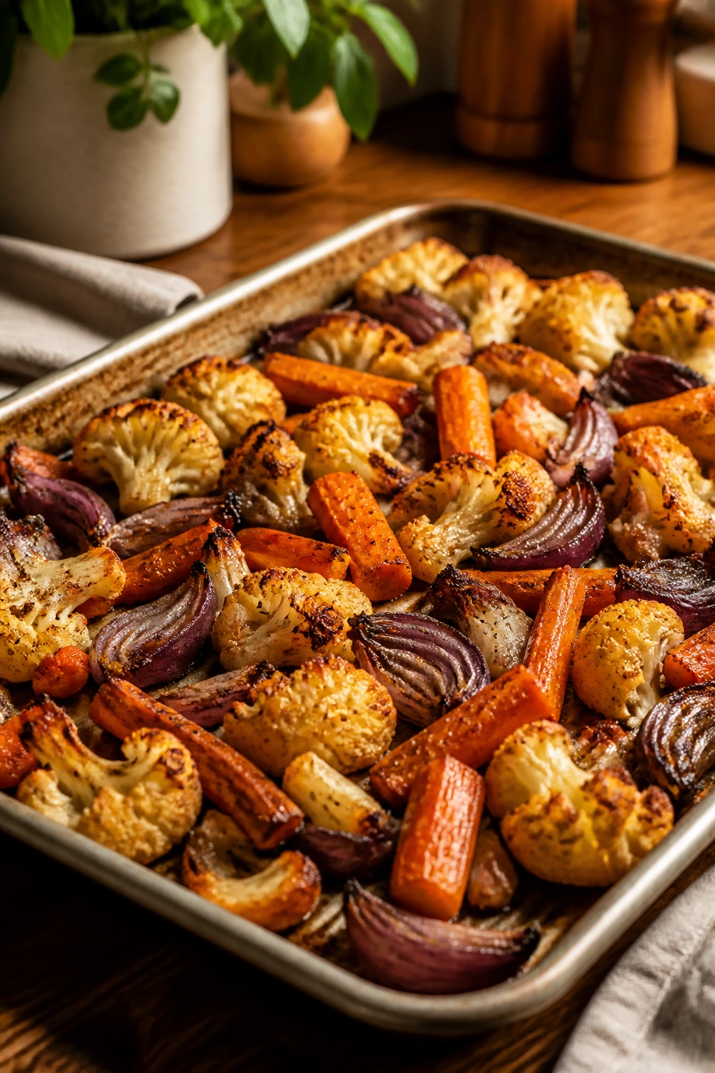Rimmed sheet pan full of deeply golden roasted vegetables