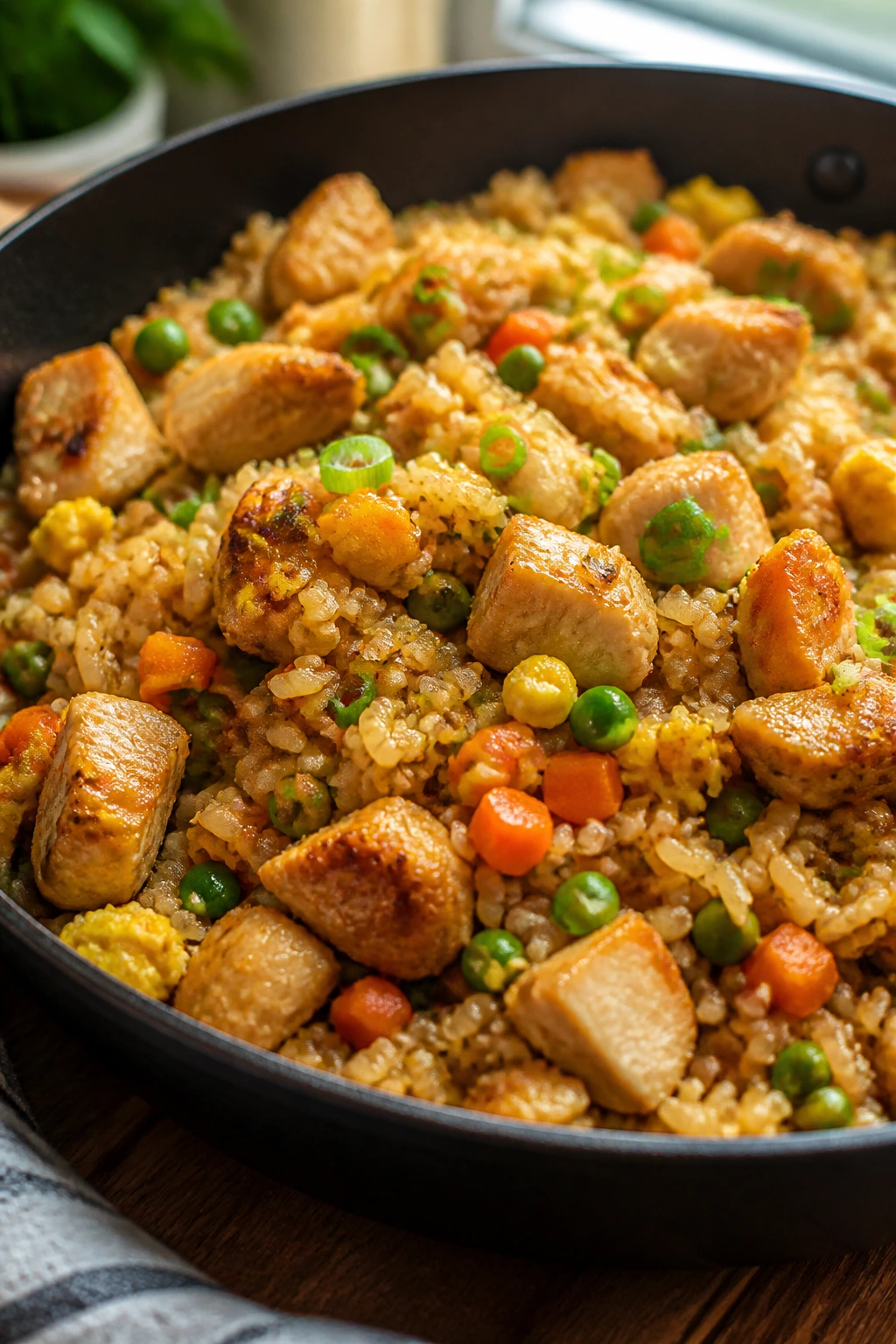 Close-up of one-pan chicken fried rice in a skillet