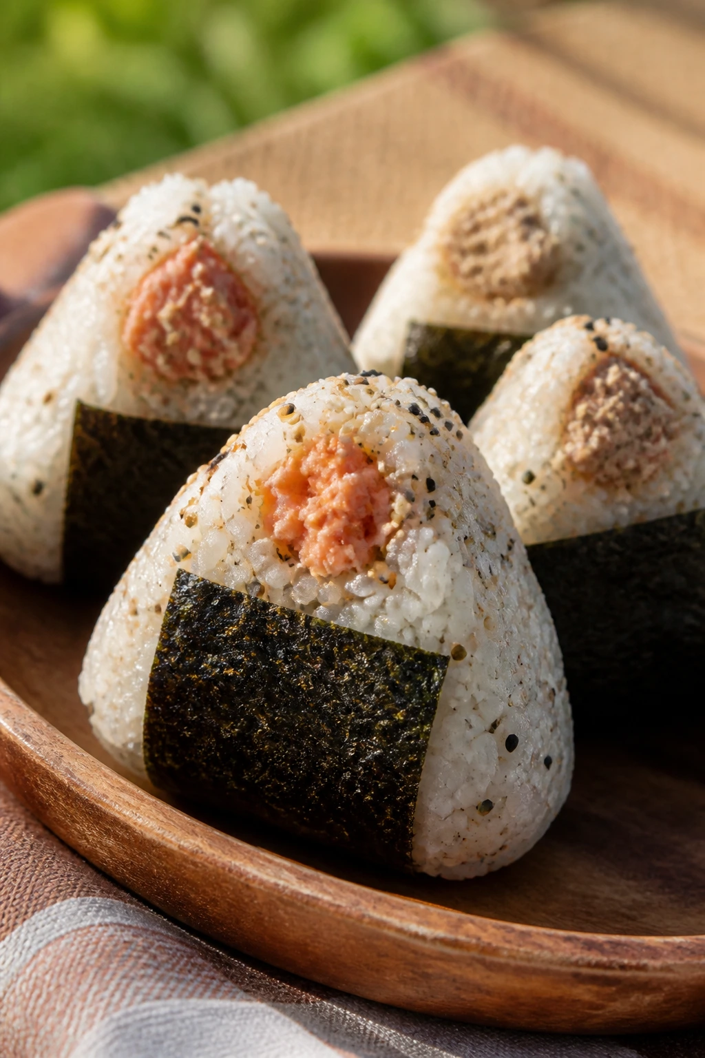 Sesame rice onigiri with nori wraps on a wooden plate outdoors.