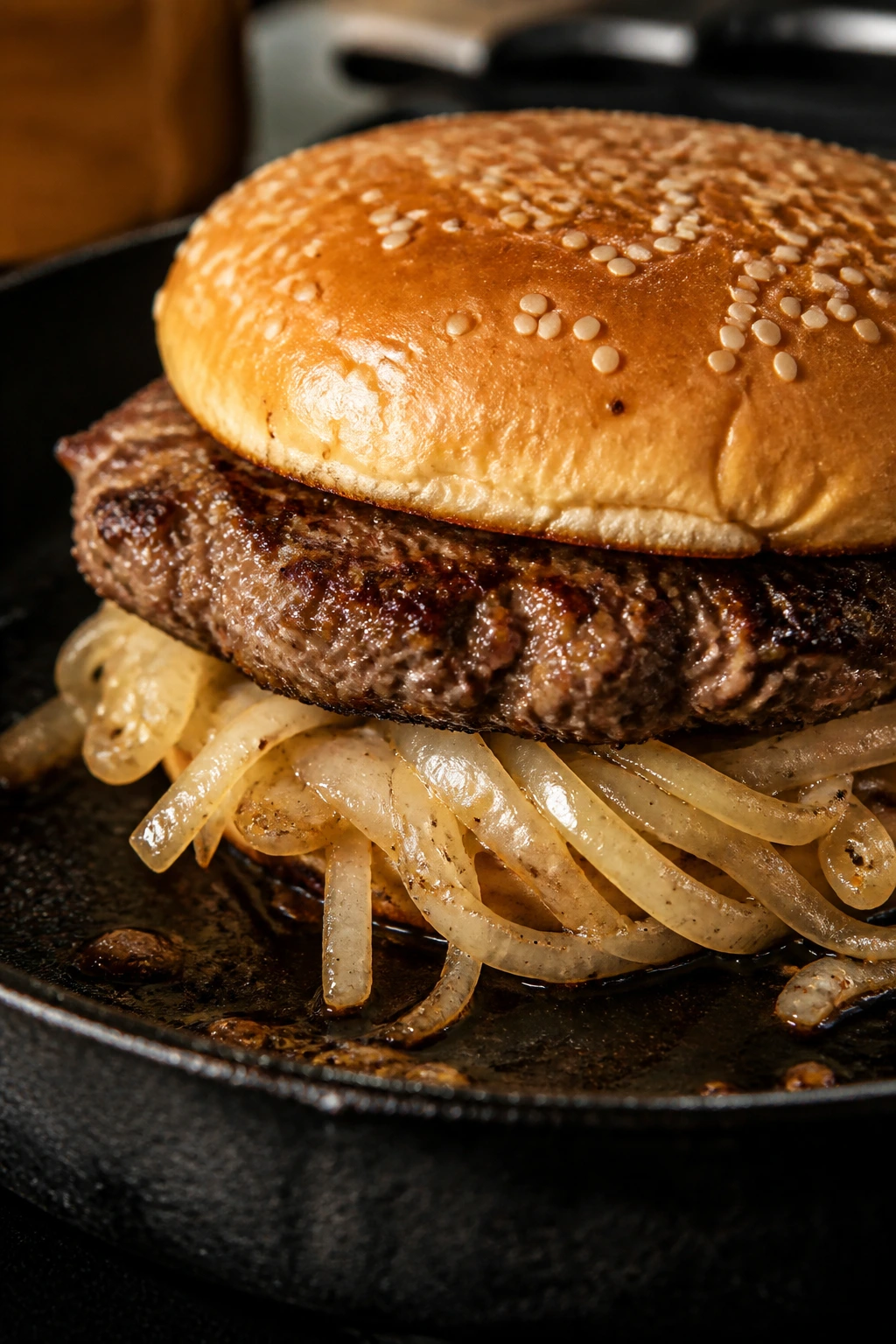 Beef patty with a nest of thin onions under it on a sesame bun.