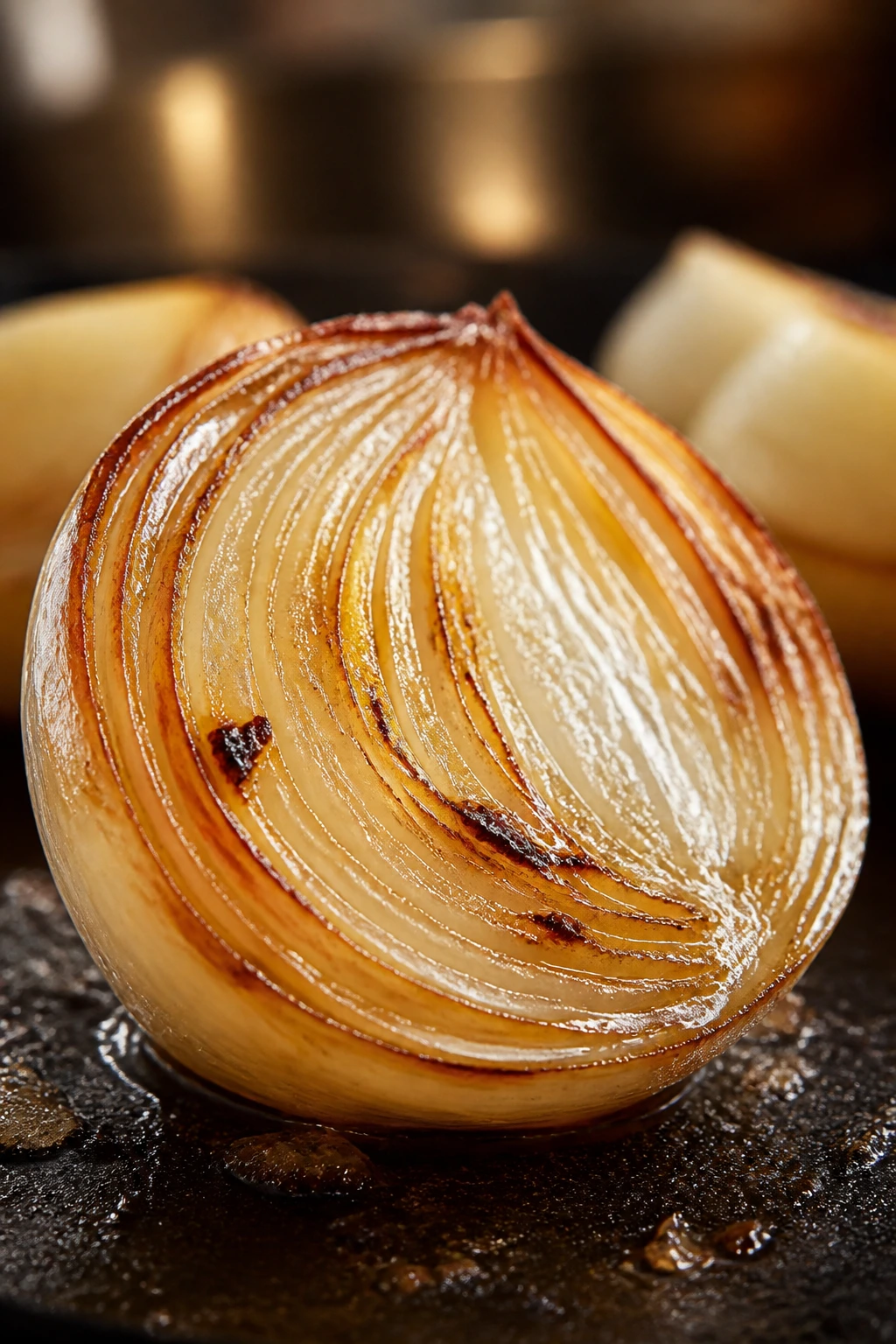 Macro shot of a caramelized onion highlighting texture and sweetness