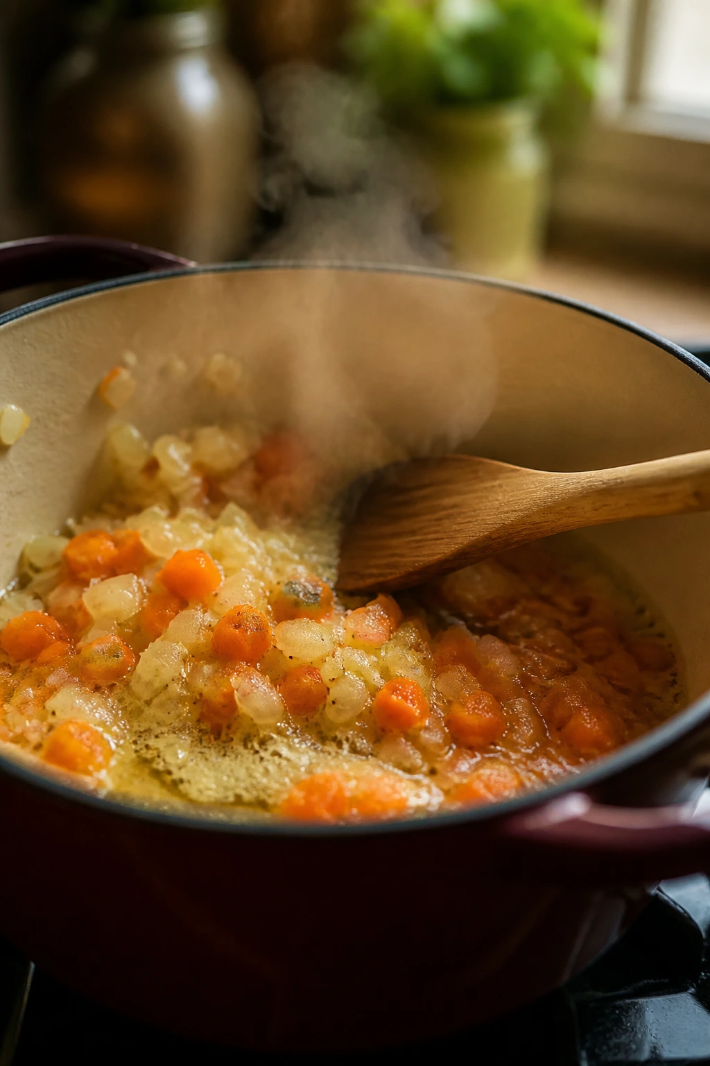Onion and carrot sautéing in butter for tomato soup