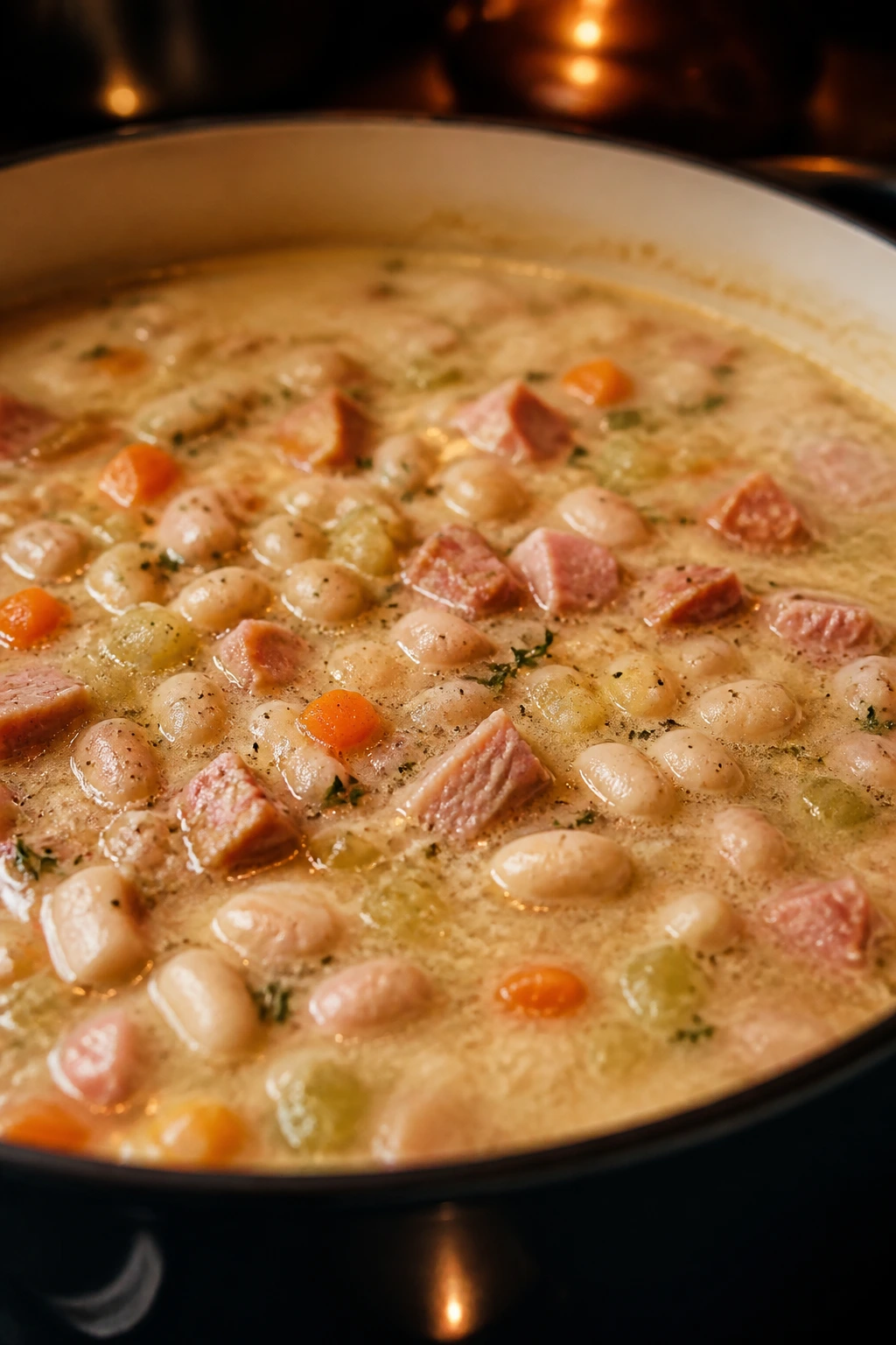 Close-up of ham and bean soup with onion, carrot, celery and thyme in a pot